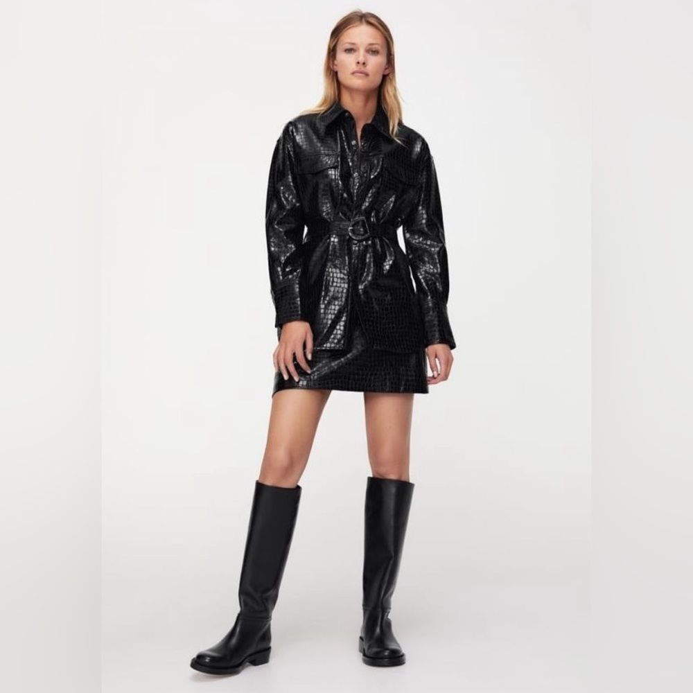Zara Black Faux Leather Texture Croc Animal Print Jacket Dress Size L NWT